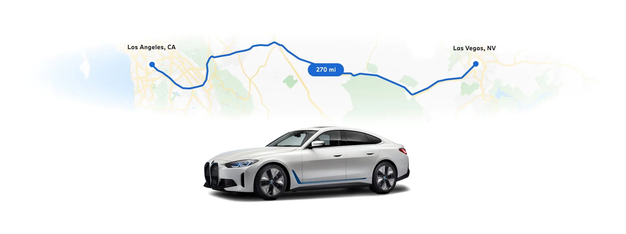 BMW i4 electric vehicle in front of a map with two destinations highlighted to indicate the range capabilities | BMW of Roxbury in Kenvil NJ