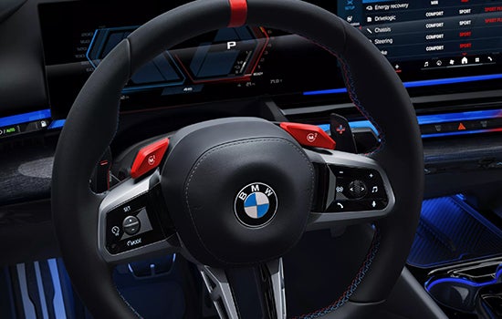 Close-up view of BMW M5 Touring steering wheel. | BMW of Roxbury in Kenvil NJ