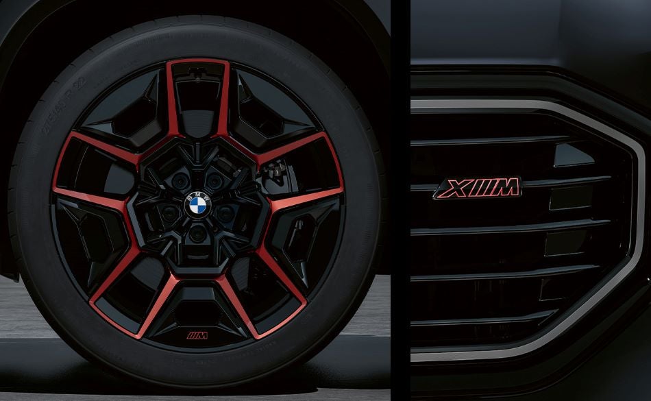 Detailed images of exclusive 22” M Wheels with red accents and XM badging on Illuminated Kidney Grille. in BMW of Roxbury | Kenvil NJ