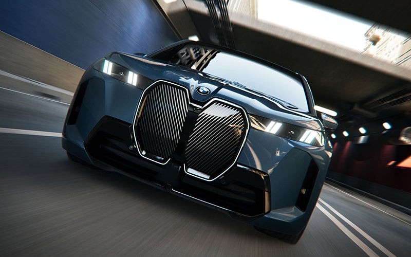 Close up of the BMW iX grille driving. | BMW of Roxbury in Kenvil NJ